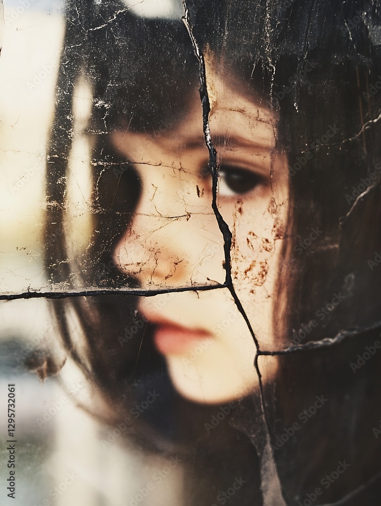 Poster artistic portrait of a young girl with a cracked surface representing inner struggle and emotion : g