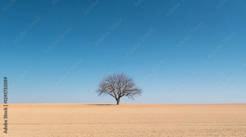 Poster lone tree in vast empty field under bright blue sky showcasing nature's tranquility : generative ai