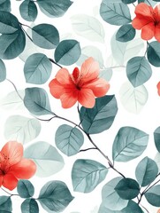 Floral hand drawn background. Botanical line art wallpaper with flowers, branches and eucalyptus leaves. Design in red and green shades watercolor texture for banner, prints, wall art and home decor.