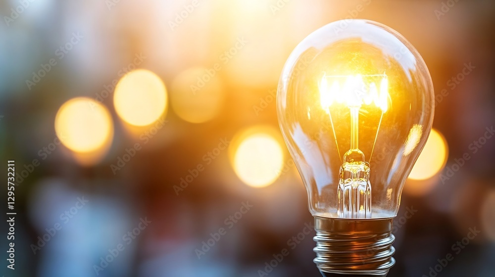 Poster closeup shot of glowing light bulb with warm radiance and blurred background : generative ai
