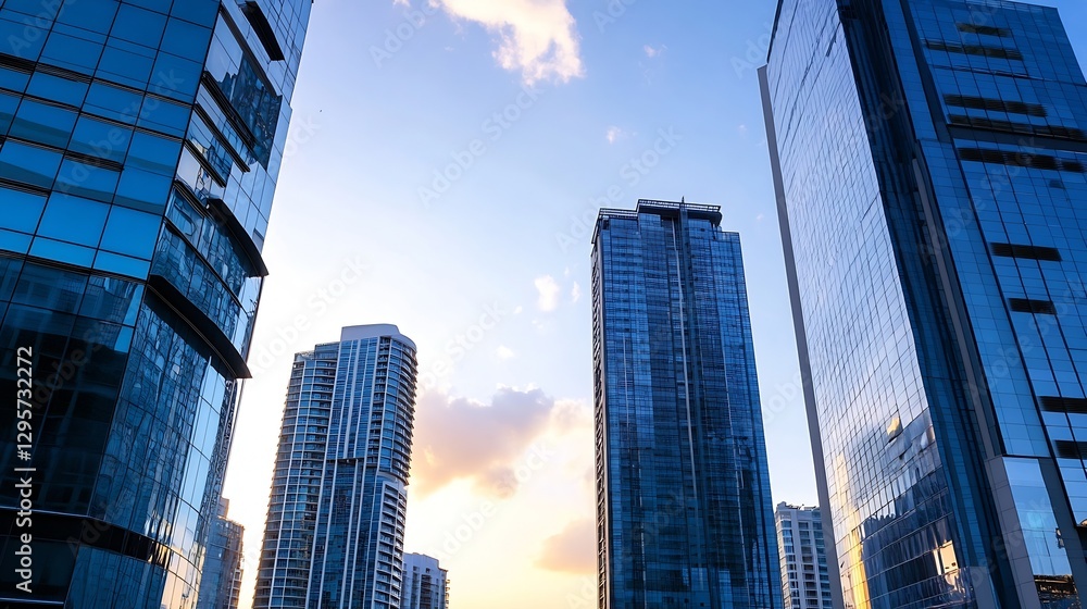 Poster impressive modern skyscrapers against a vibrant sunset skyline representing urban architecture and d
