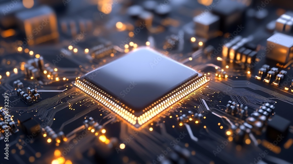 Aufkleber Close Up View Of Computer Chip With Bright Lights And Circuits : Generative AI