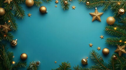 Festive Gold Ornaments and Green Pine Frame for Holiday Celebrations