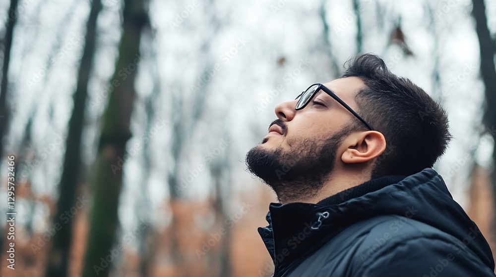 Aufkleber young man enjoying the calm atmosphere in a serene forest surrounded by tall trees : generative ai