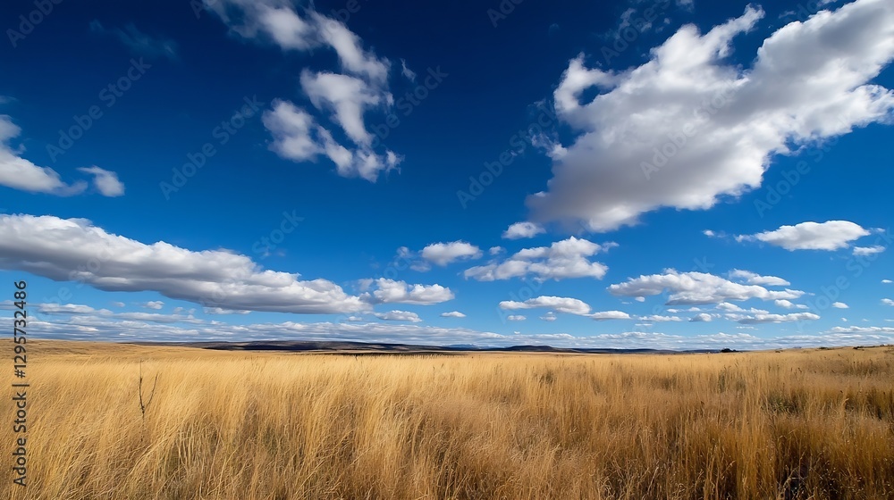 Aufkleber Expansive view of a golden grass field under a bright blue sky with fluffy white clouds creating a serene landscape : Generative AI