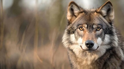 Obraz premium Majestic close up portrait of a wild wolf displaying its bright eyes and thick fur in a natural setting : Generative AI