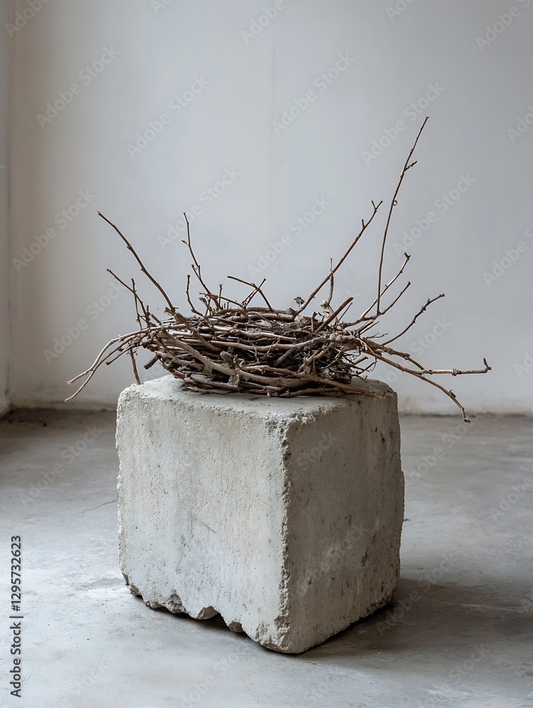 Poster Artistic depiction of a rustic twig nest resting on a textured concrete pedestal in a minimalist setting : Generative AI