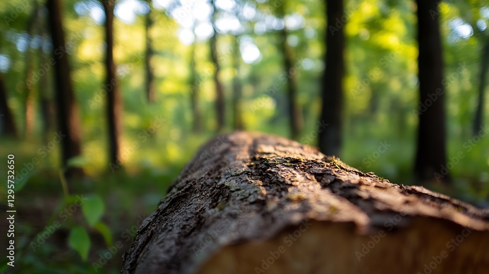 Aufkleber beautiful close up of a tree log surrounded by vibrant green forest landscape in soft sunlight : gen