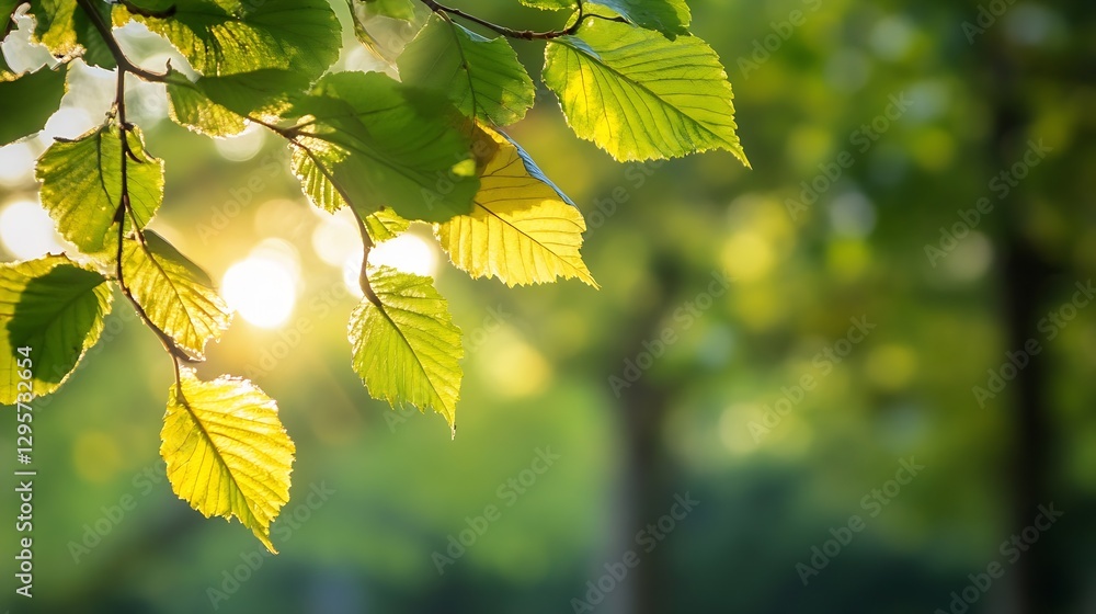 Poster Close-Up of Sunlit Green Leaves in a Natural Forest Setting with Soft Background : Generative AI