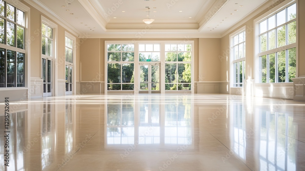 Poster spacious and elegant interior of a hall with large windows allowing natural light : generative ai