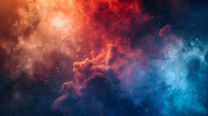 Fototapeta premium Vivid display of red, purple, and orange smoke drifting across a black backdrop in a wide panoramic format