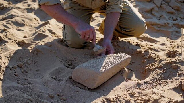 An archaeologist carefully excavates an ancient stone artifact in a sandy desert landscape. The professional uses a small brush to reveal intricate carvings while ensuring preservation of the relic.