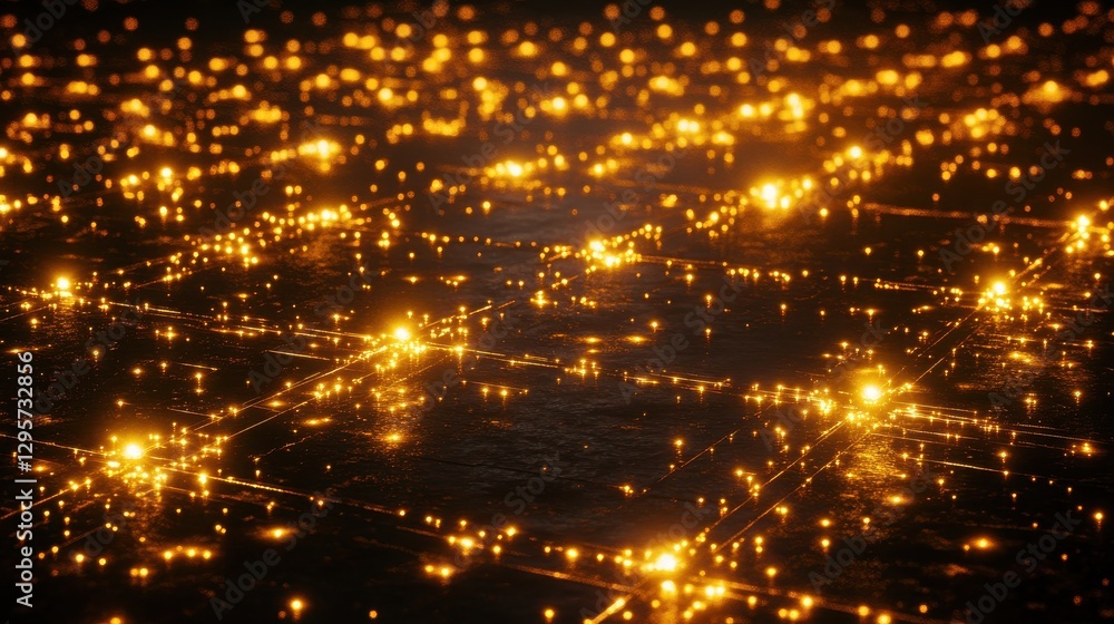 Poster abstract golden particles glowing on a dark surface, creating an enchanting visual of light and text