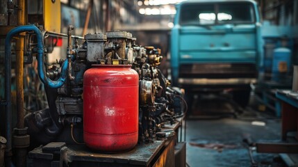 Engine maintenance action in industrial workshop machinery equipment focus well-lit environment close-up view technical process exploration
