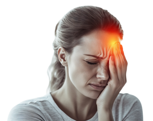 Young woman with migraine holding her forehead, isolated on transparent cutout background