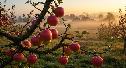Serene Autumn Morning in an Apple Orchard: Misty Fields and Ripe Red Apples at Sunrise