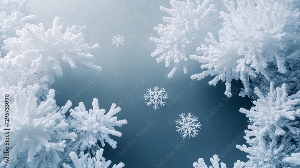 Poster delicate snowflakes in a flat lay composition on a soft background