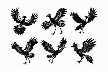 Set of flying secretary bird vector illustration.