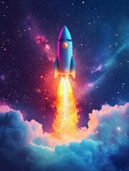 Rocket Launch into Nebula: A vibrant, cartoonish rocket blasts off, leaving a fiery trail as it ascends through a breathtaking nebula of cosmic colors.