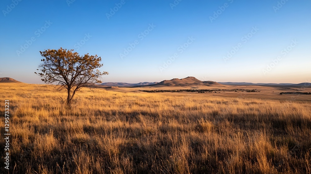Poster Lonely Tree Standing in a Wide Open Field Beneath a Clear Blue Sky : Generative AI