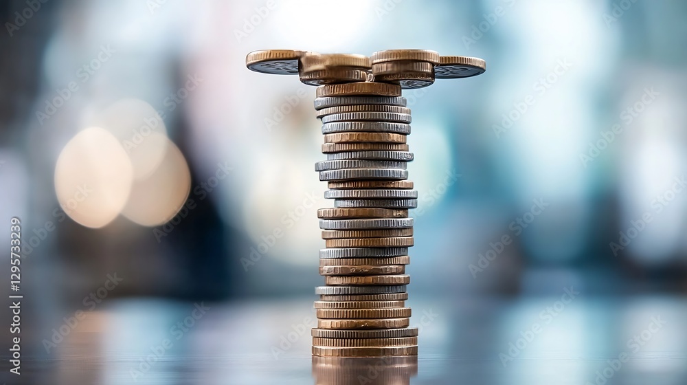Poster pyramid of coins stacked high illustrating the concept of savings and financial growth in a modern s