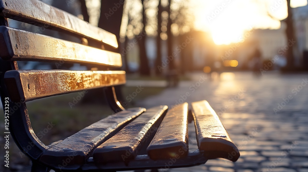 Aufkleber Serene park bench with warm sunset light illuminating trees and pathways creating a calm atmosphere : Generative AI