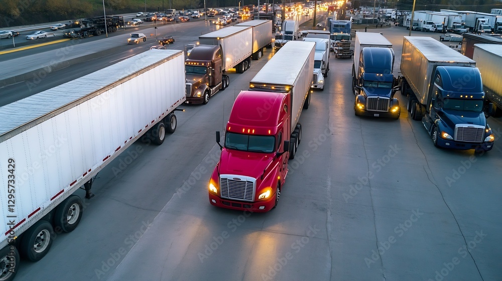 Poster stunning aerial view of trucks and trailers in a busy transportation hub : generative ai