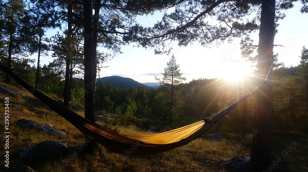 Poster Relaxing hammock in a forest with sunlight shining through trees during sunset : Generative AI