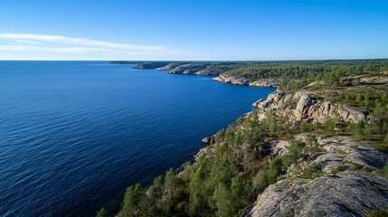 Fototapeta premium Expansive coastal view overlooking the vibrant blue sea meeting lush green cliffs under clear skies : Generative AI