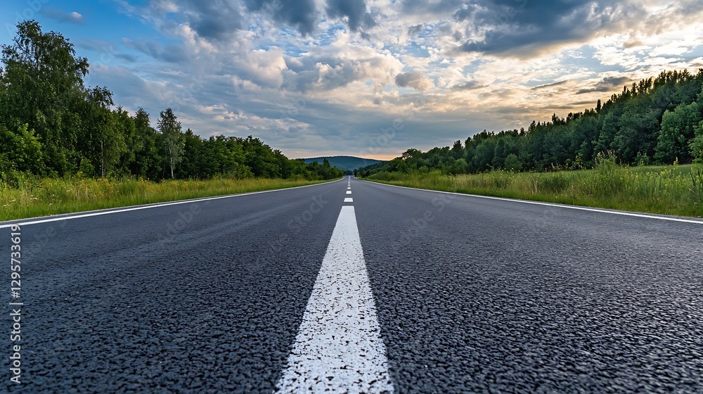 Poster Expansive view of an empty highway stretching toward the horizon under a cloudy sky : Generative AI
