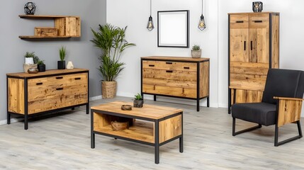 Modern Wooden Furniture Set Featuring Stylish Storage and Clean Lines in a Contemporary Living Room