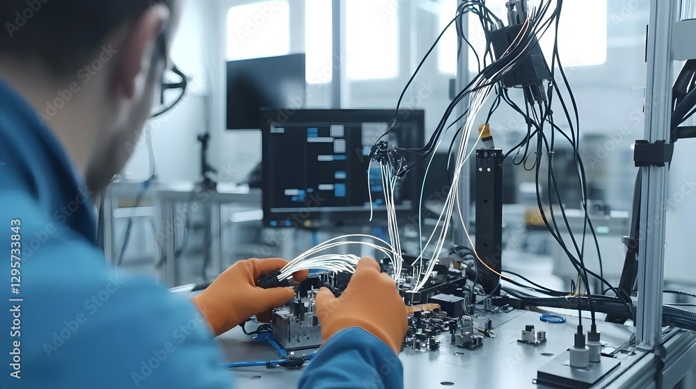 Aufkleber Close up Detailed View of Fiber Optic Cable Being Spliced Together in Industrial Technical Workplace or Laboratory Setting  Concept of Communication Infrastructure Network Connectivity