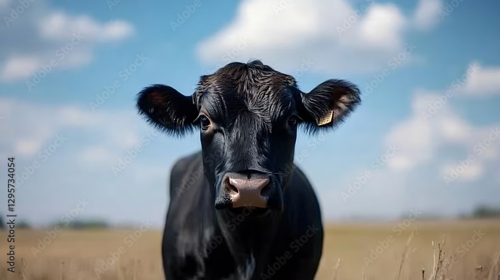 Aufkleber Captivating front view of a black cow in a grass field under a bright blue sky with fluffy clouds : Generative AI