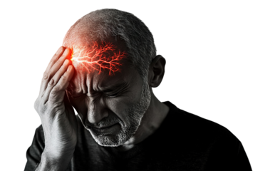 Older man suffering from headache, holding head, isolated on transparent cutout background