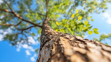 Fototapeta premium Beautiful upward view of a tall tree with a clear blue sky and vibrant green leaves : Generative AI
