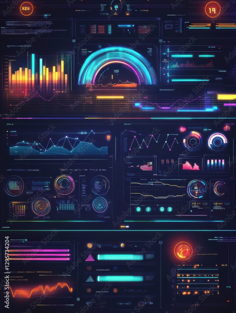 Poster intelligent technology hud vector interface. network management data screen with charts and diagrams