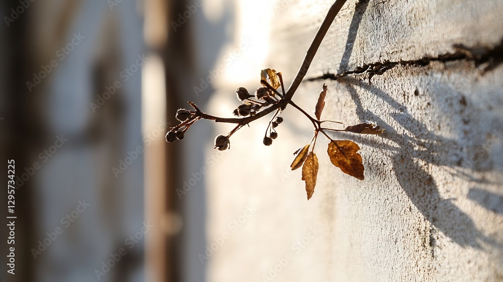 Poster delicate dried vine leaves casting shadows on a rustic wall in soft natural light : generative ai