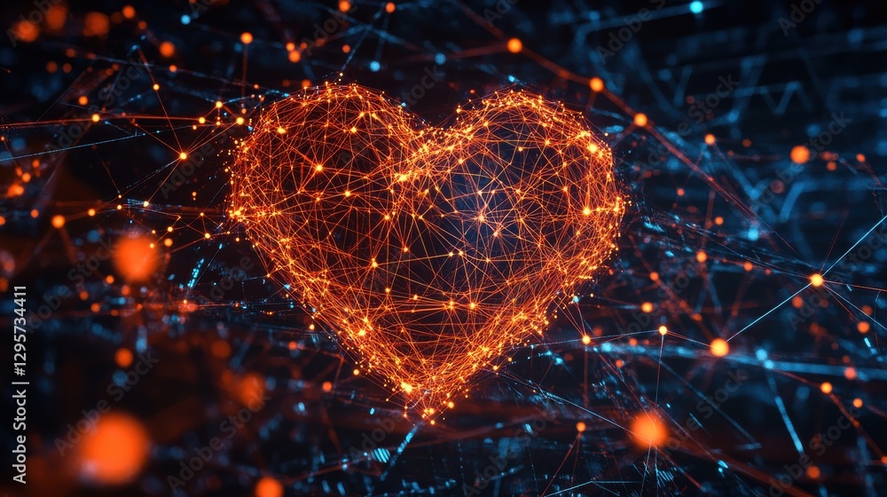 Poster heart shape formed by glowing network nodes and connecting lines in blue and orange colors on a dark