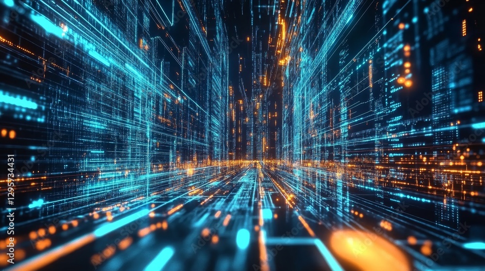Poster futuristic landscape of interconnected data streams in cyber space