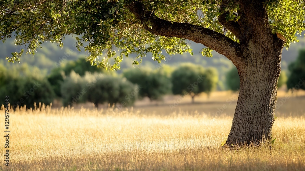 Poster beautiful oak tree in a sunlit meadow with blurred green background : generative ai