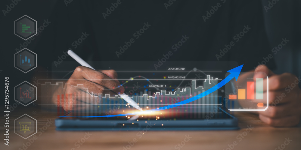 Poster statistical analyst reading graph report and business statistics charts ,Analysis and improvement of corporate strategy ,manage financial and marketing documents , Statistics and Data Concepts