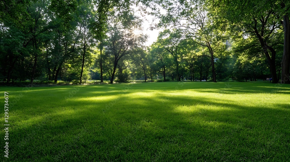 Aufkleber lush green park area with sunlight filtering through trees on a calm summer day : generative ai