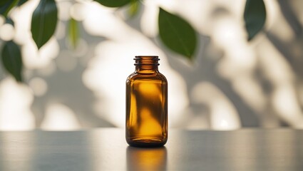 Brown glass bottle stands on a table with soft lighting and natural shadows in a tranquil indoor setting