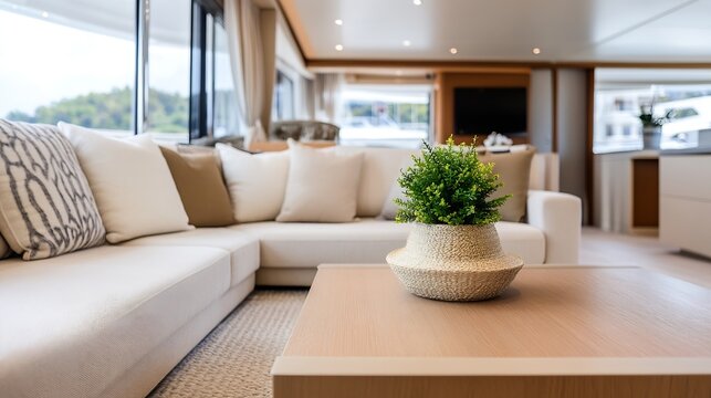 Cozy modern living room interior with stylish furniture and a decorative plant on the coffee table : Generative AI