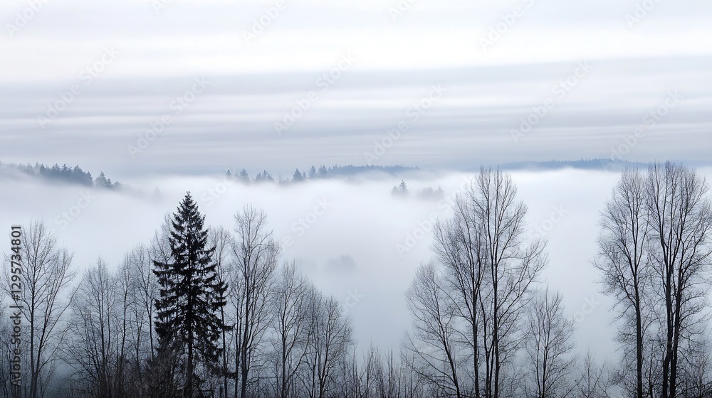 Poster misty landscape with tall trees and fog creating a serene and mystical atmosphere : generative ai