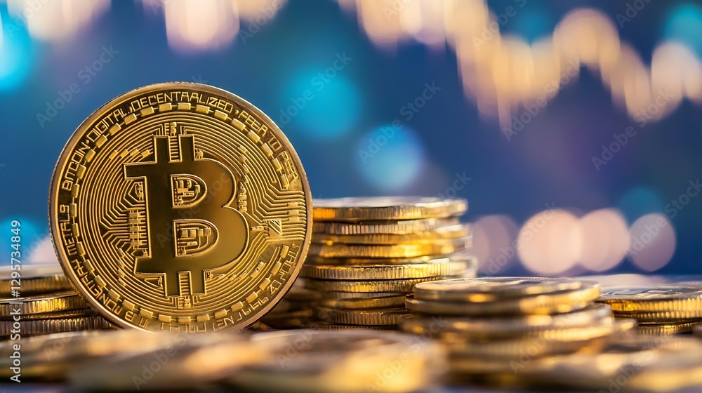 Fototapete close up of a shiny golden bitcoin on top of a stack of coins with blurred lights in the background 