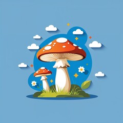 mushroom on plain blue background childish style illustration