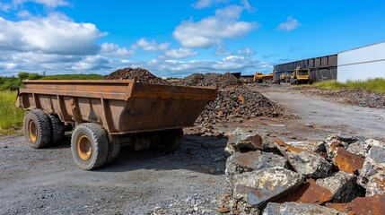 Fototapeta premium Heavy duty dump truck loaded with rocks on a construction site under a clear blue sky : Generative AI