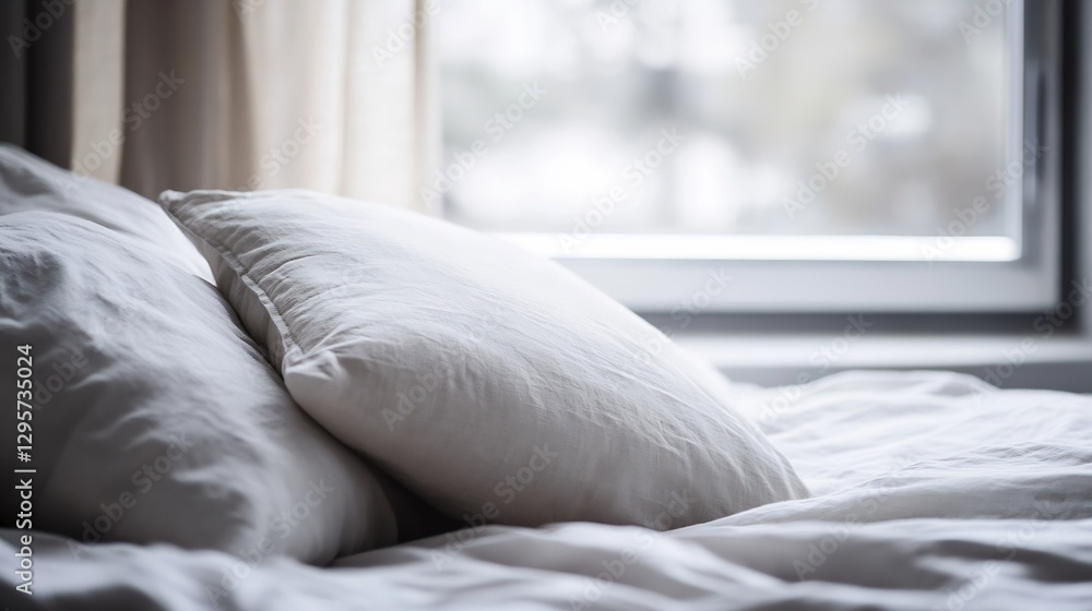 Aufkleber cozy and inviting bed with soft linens and pillows by a large window shining with natural light : ge