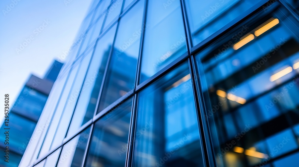 Poster contemporary building facade with reflective glass panels under a twilight sky highlighting urban ar